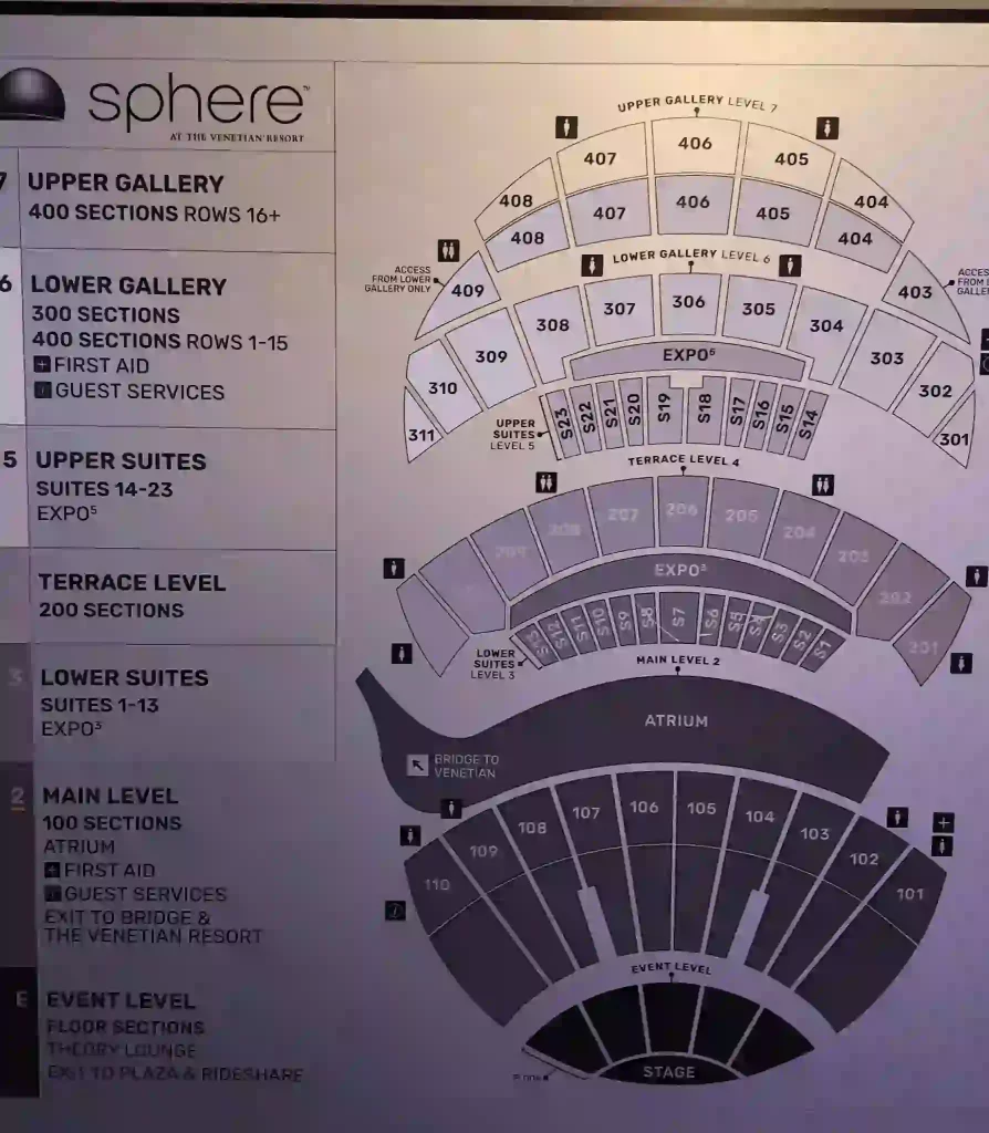 image showing sphere vegas map with seating chart and aetruim area with suite and Sphere gallery