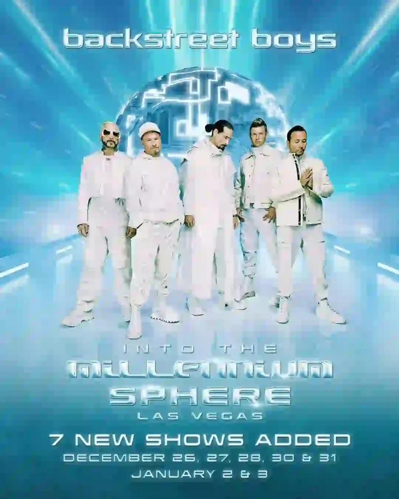 Backstreet Boys have added seven special winter dates for their Into The Millennium residency: Dec 26, 27, 28, 30, 31, 2025 and Jan 2–3, 2026.
